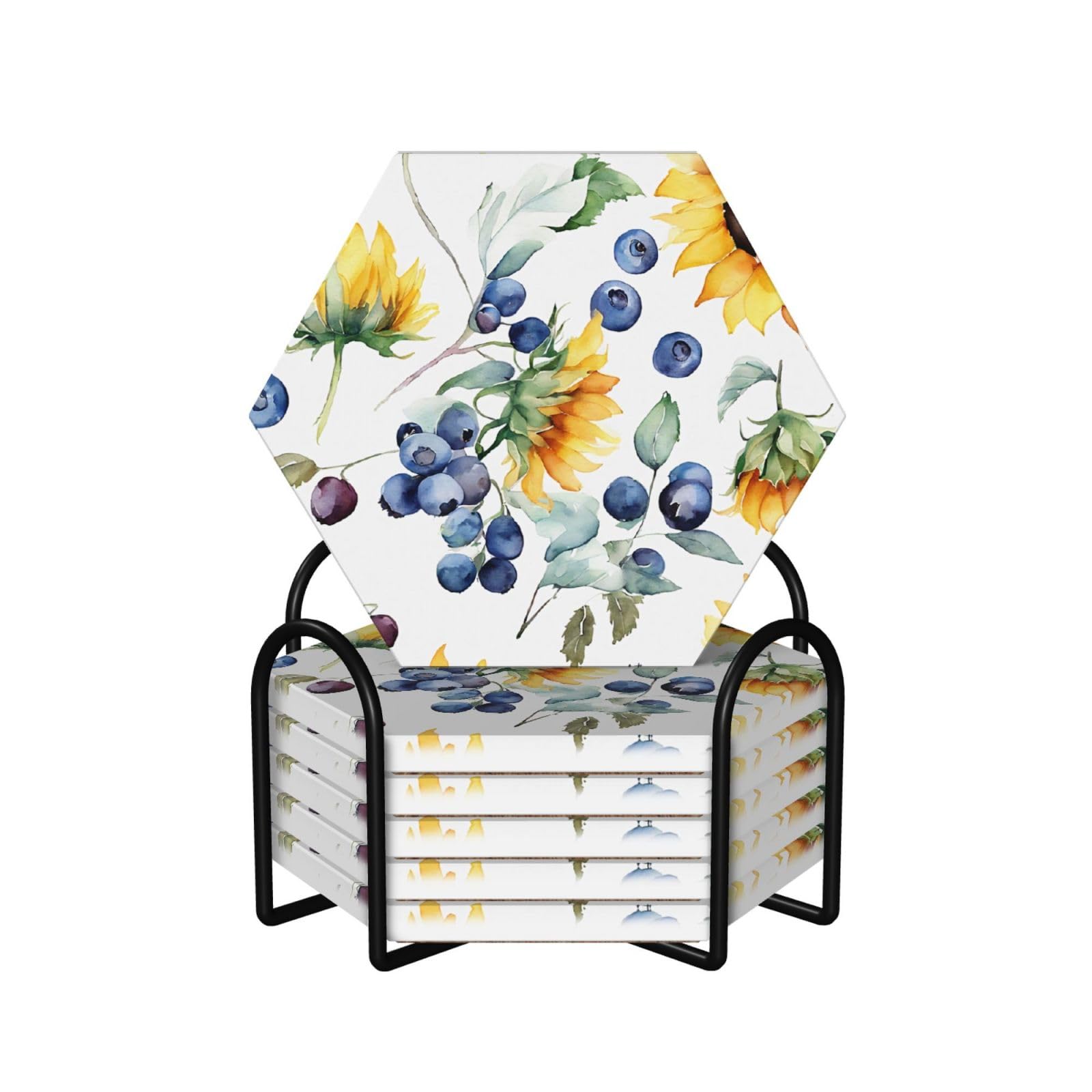 Keramikuntersetzer mit Sonnenblumendruck, sechseckig, saugfähig, mit Halter, für Zuhause, Büro, Bar, Restaurant, 6 Stück