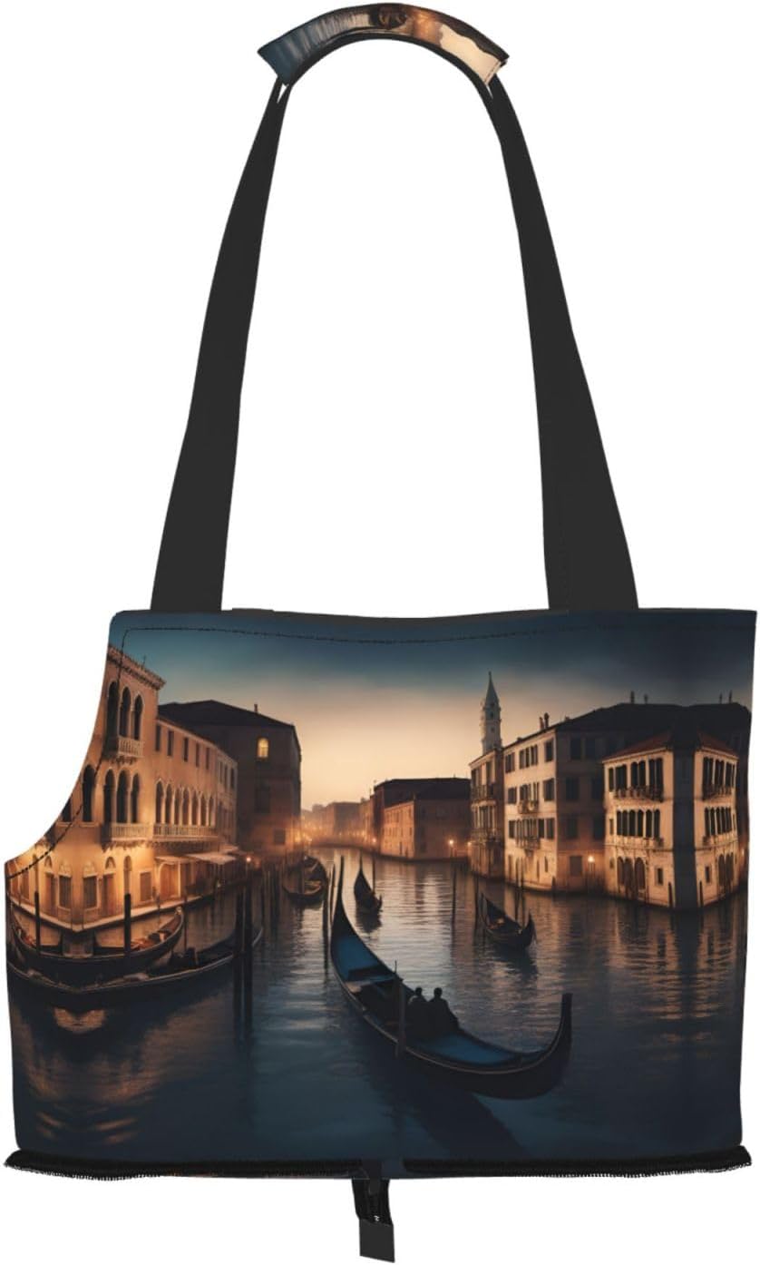 Venice Night Print Portable Foldable Shoulder Bag for Travel,with Collar Hook and Handle Pad,Cute Stylish Design
