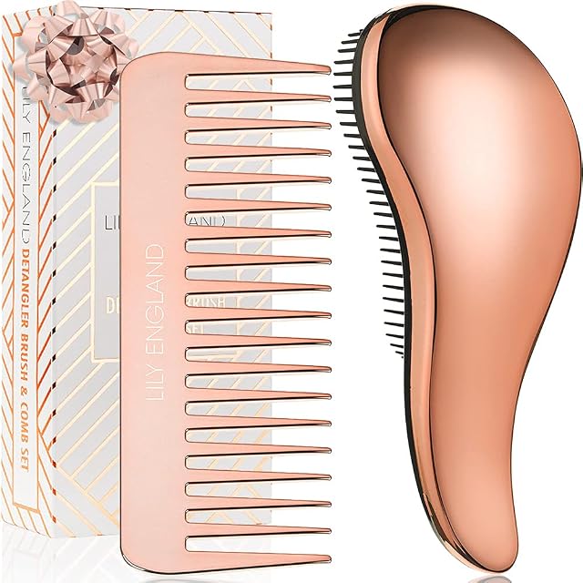Detangle Hair Brush and Wide Tooth Comb Set - Easy to Hold Detangler Hairbrush and Detangling Comb for Women and Kids for Wet or Dry, Fine, Curly, Thick, Afro Hair by Lily England - Rose Gold