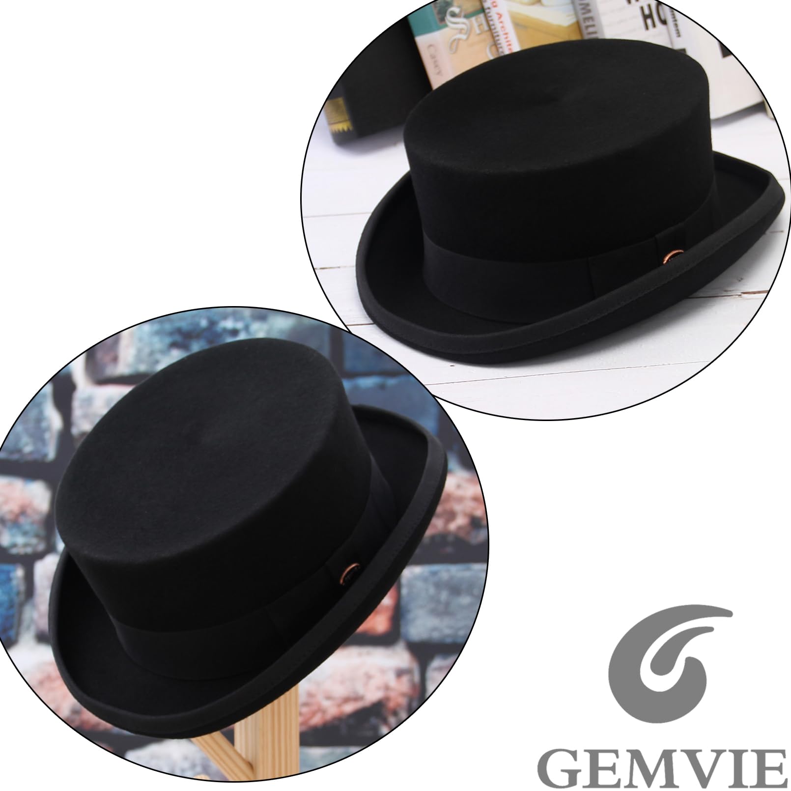 GEMVIE Herren-Zylinder aus 100% Wolle, Satin-gefüttert, schwarz, niedrig