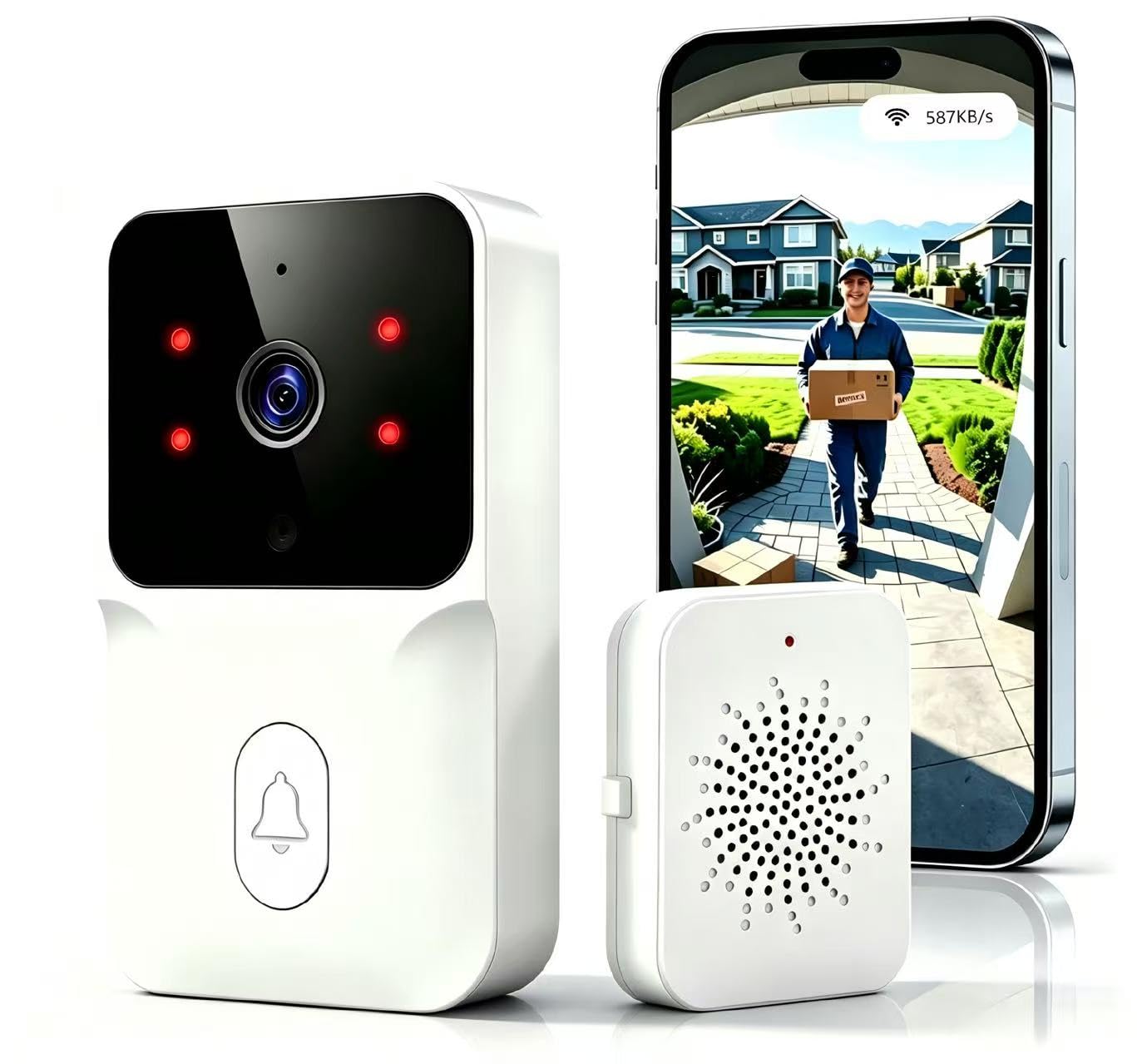 Générique Sonnette sans Fil avec Caméra 1080P HD, Sonnette Vidéo Extérieure Étanche IP, Surveillance avec Vision Nocturne, Sonnette de Sécurité Intelligente pour Maison