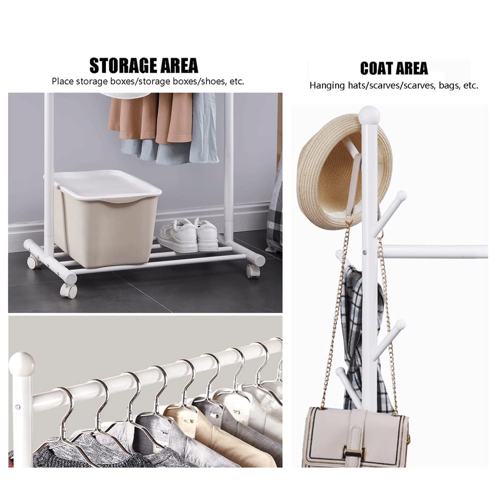 Perchero de una Sola Barra pequeño Perchero con Ruedas y estantes para Colgar Ropa de Metal Resistente nizador de Almacenamiento para Dormitorio (Blanco-86X43X170cm