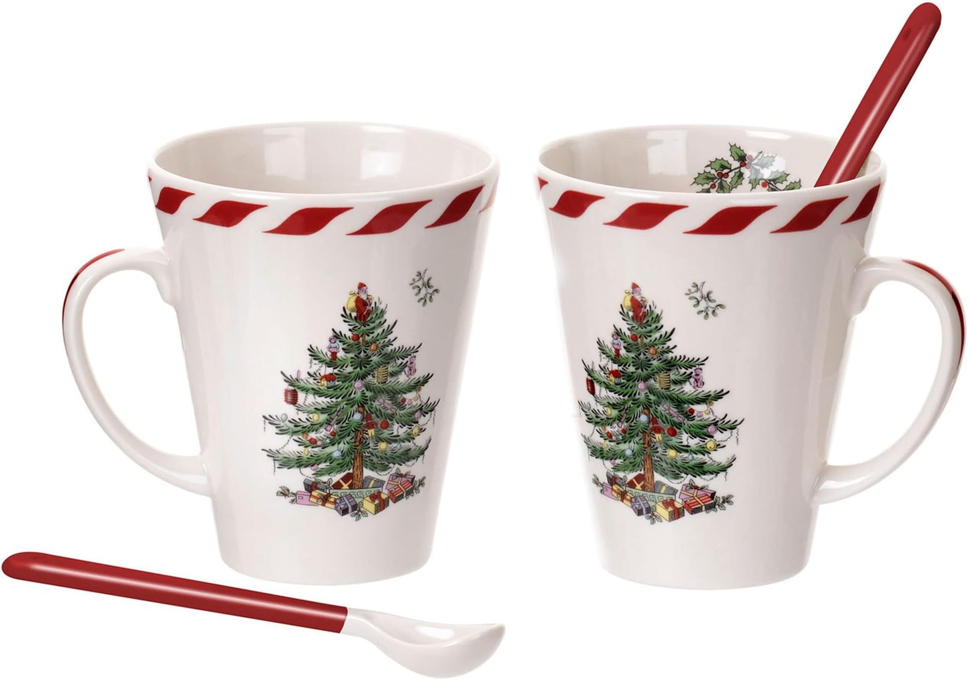 Christmas Tree Peppermint Mugs with Spoons, 14 Oz - Set of 2