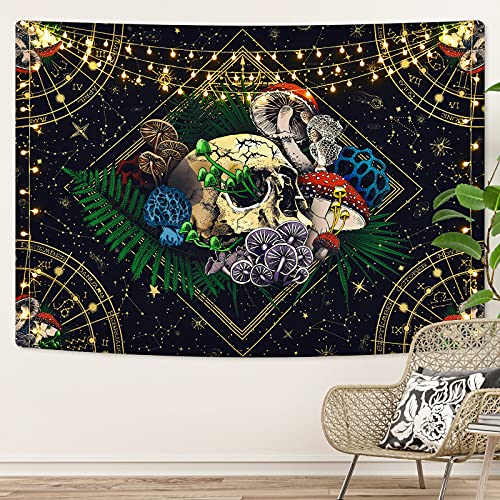Yrendenge Schädel Wandteppich Schädel Pilz Wandteppiche Mysteriöses Horoskop Wandbehang Abstrakte Ästhetik Wandteppiche für Schlafzimmer Wohnzimmer (210*150cm) Cover