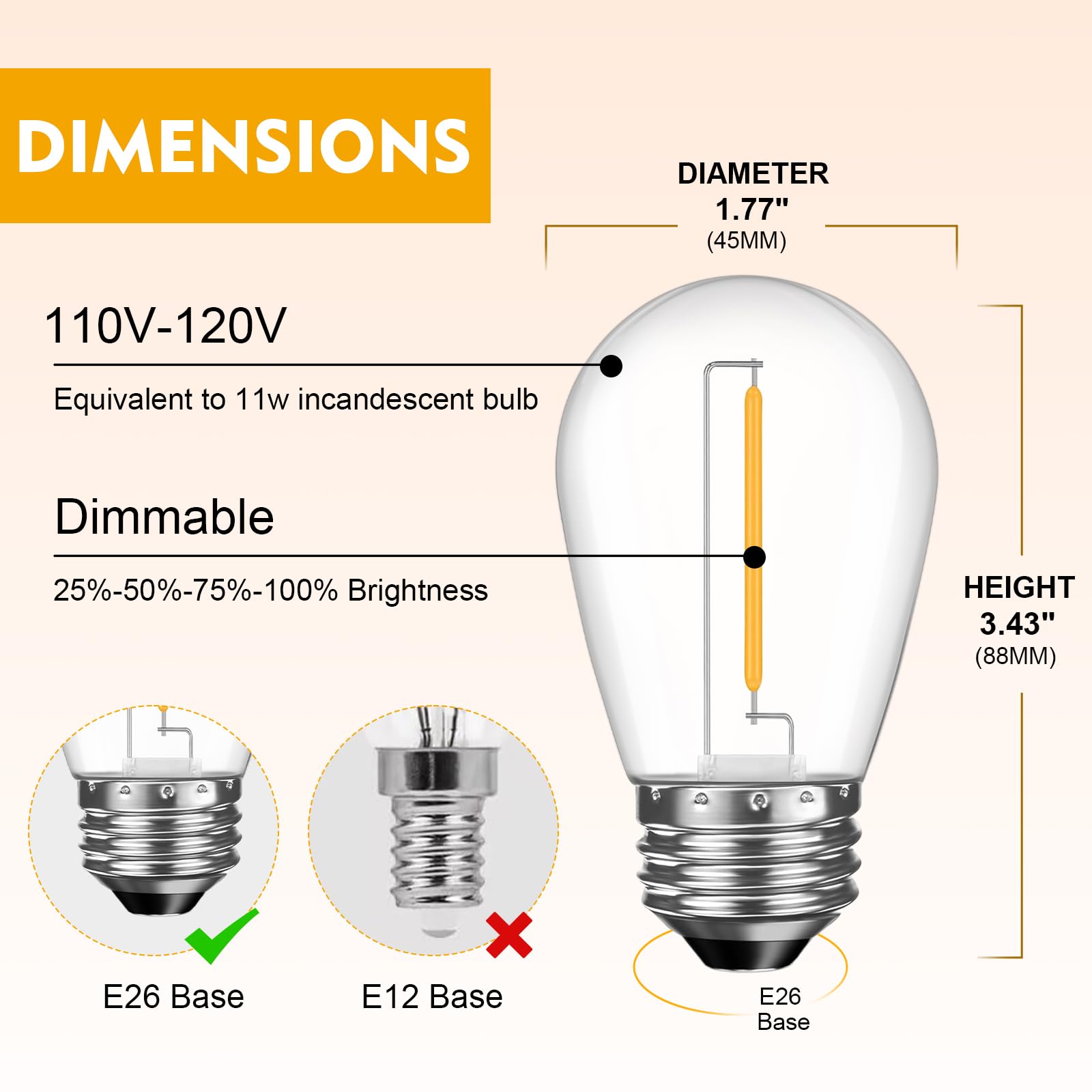 GvvooHome Paquete de 48 bombillas LED S14 de repuesto, inastillables, para exteriores, 1 W, 11 W, cadena para sustituir bombillas incandescentes, regulables, base de rosca media normal E26, 2200 K