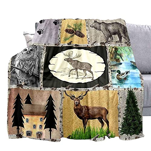 Luvivihome Deer Throw Blanket, Woodland Animals Hunting Lodge Cabin Patchwork Rustic Farmhouse Owl Elk Moose Bear Blanket, Cozy Warm Fuzzy Fluffy Soft Flannel Fleece Blanket For Couch, Sofa, 30"X40" #TOP1