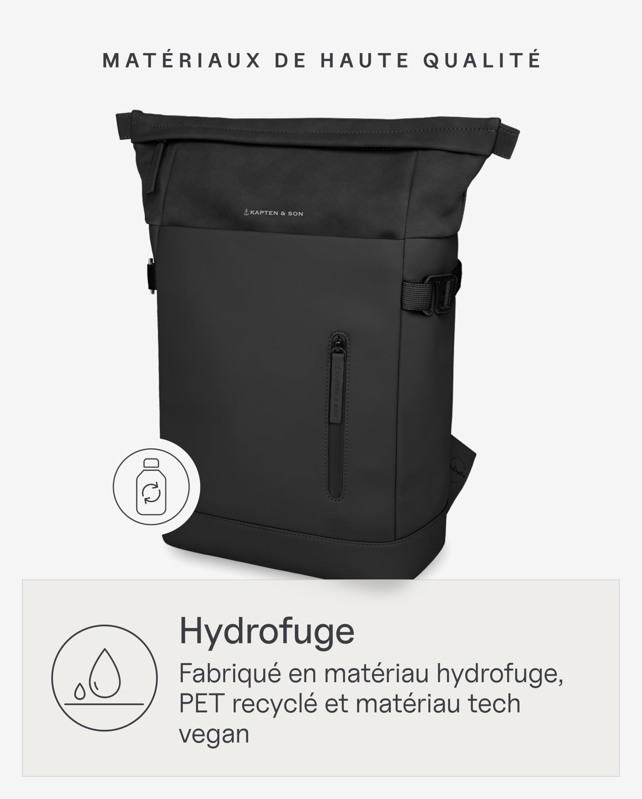 Kapten & Son Aarhus All Black sac a dos 14 L | Sac à dos noir pour homme et femme | Rolltop | compartiment pour ordinateur portable 14" | pour voyager, bagage cabine, travail, université, école