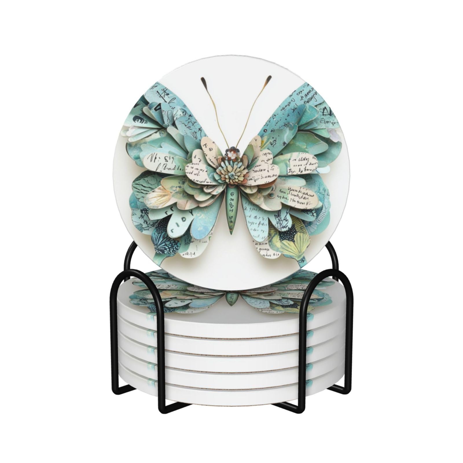 Layered Paper Collage Butterfly Ceramic Coasters with Holder 6ps