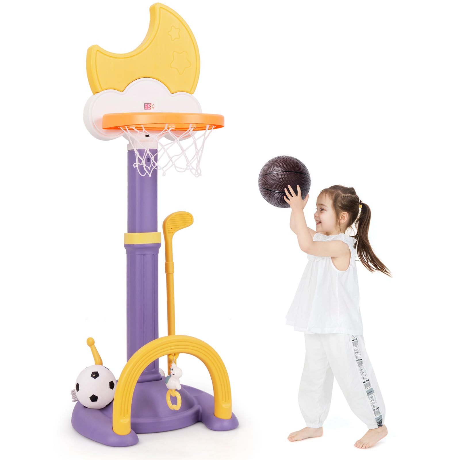 COSTWAY Kids Basketball Hoop, 4 in 1 Toddler Sports Activity Center with Electronic Scoreboard, Soccer Goal, Ring Toss, Golf Set, Height Adjustable Basketball Stand for Boys Girls (Purple+Yellow)
