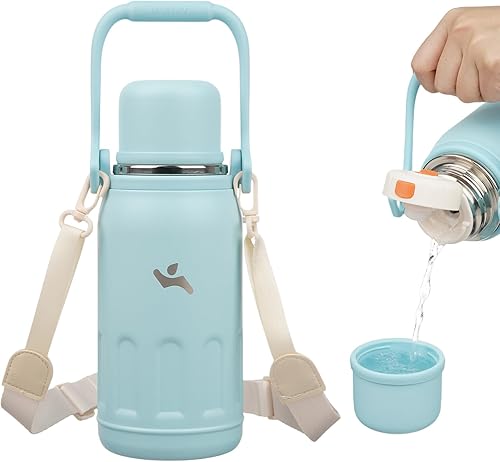 Miniatura 10 de Botella de agua térmica con asa y correa, vaso de viaje al vacío con tapa de taza, taza de café térmica para bebidas frías y calientes, 27 onzas,