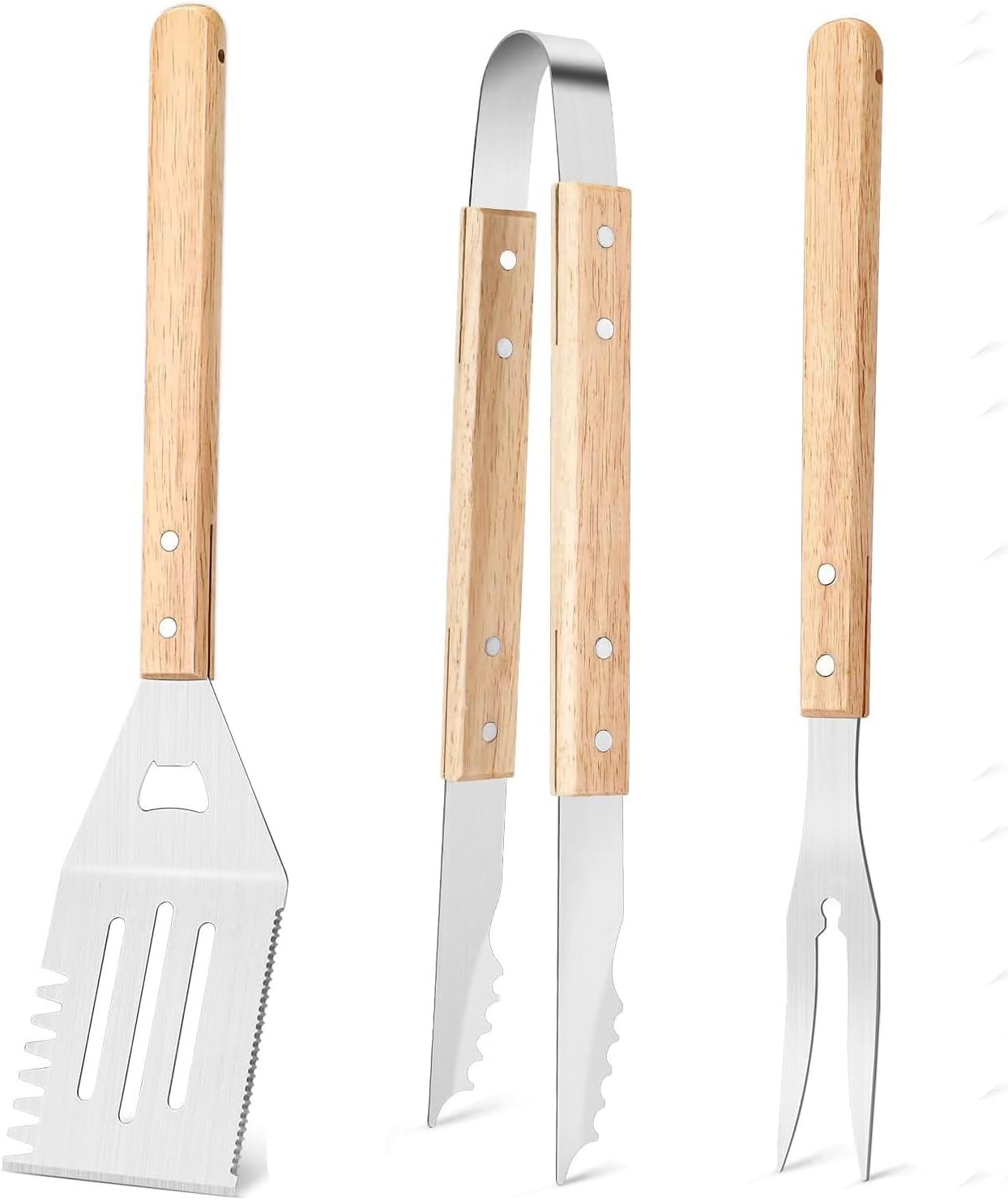 Set de accesorios para parrilla de acero inoxidable con mango de madera