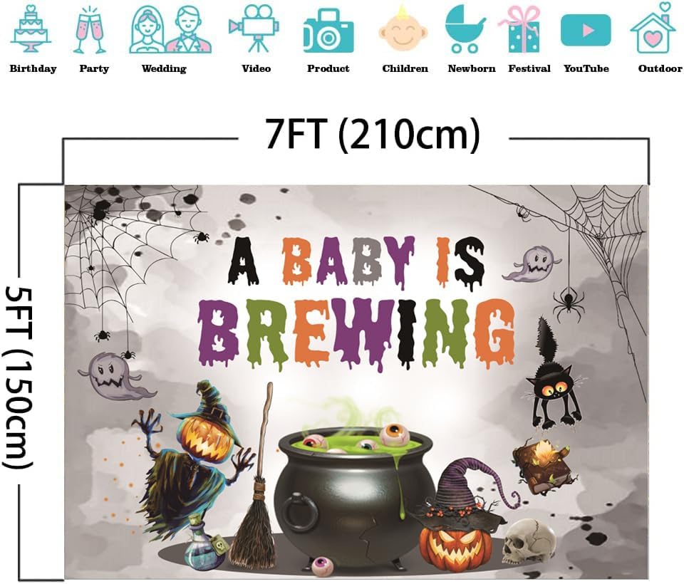 Miniatura 4 de Telón de fondo de Halloween para baby shower con texto en inglés "A Baby is Brewing", pancarta de fiesta temática mágica de calabaza, telaraña,