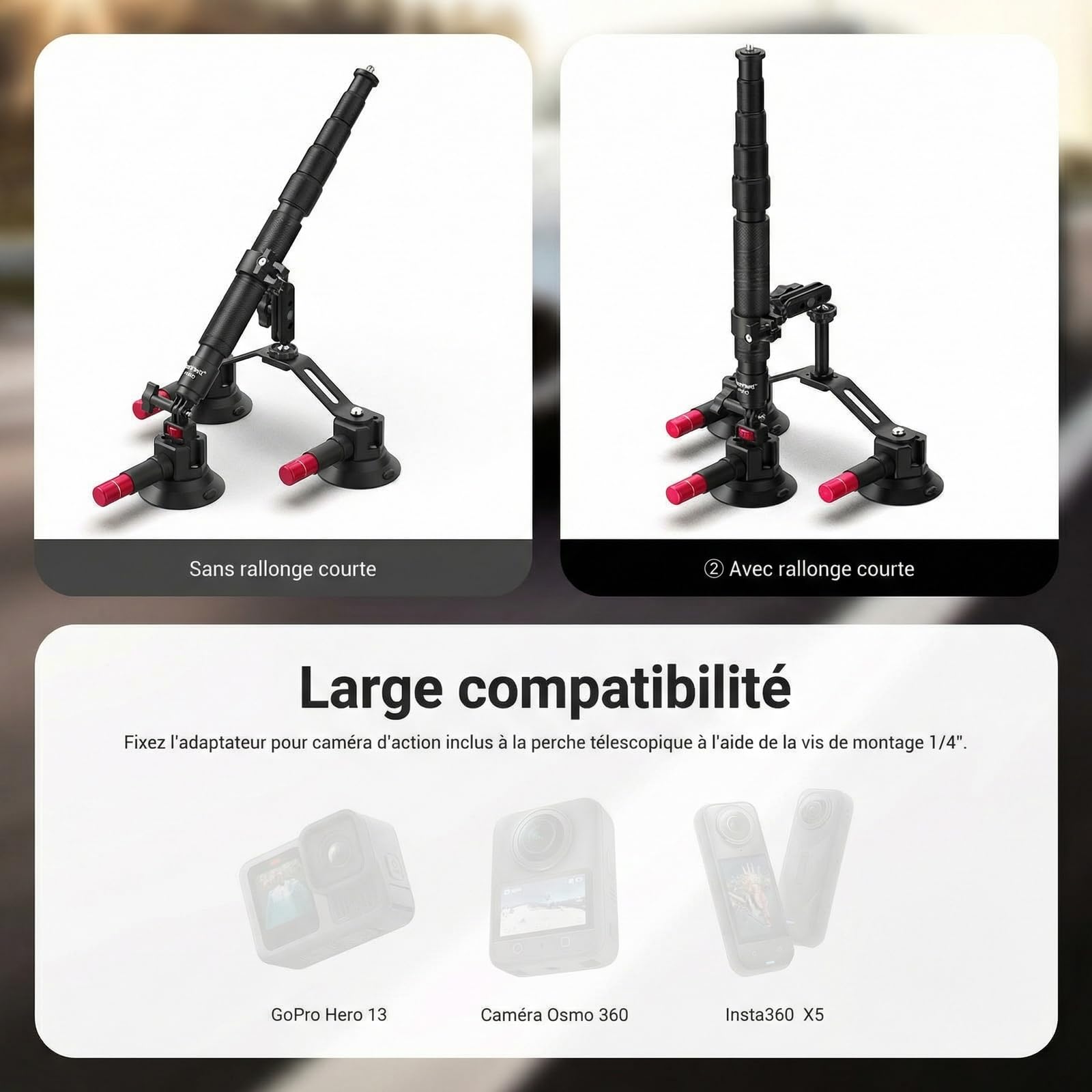 NEEWER Kit de Support Triple Ventouse Camera Voiture avec Perche d'Extension 2 en 1, Libération Rapide, Bras Magique pour Action Caméra, Fixation Triple Ventouse Compatible avec GoPro Insta360, CA065