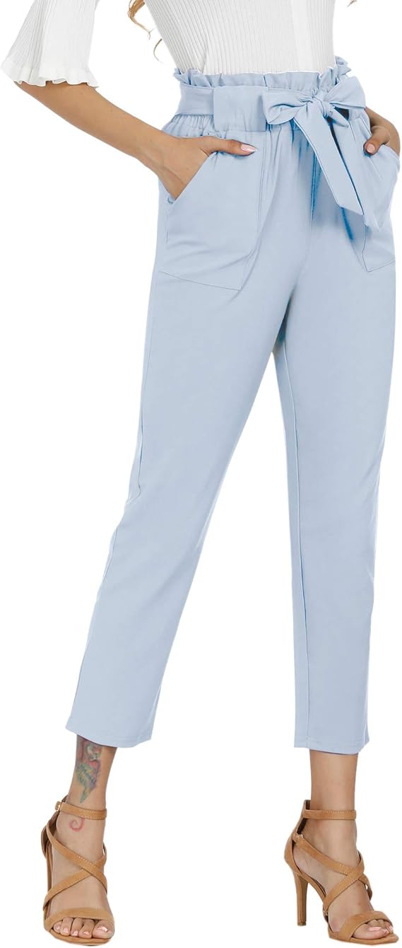 Freeprance Women's Pants Casual Trouser Paper Bag Pants Elastic Waist Slim Pockets