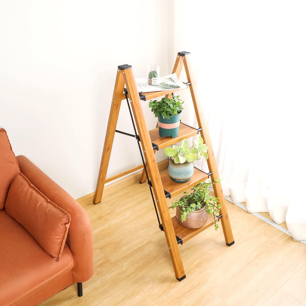 BAOYOUNI Escabeau pliable à 4 marches portable en aluminium léger avec pédales larges antidérapantes Capacité de 150 kg pour la maison, la cuisine, le jardin, le bureau – Noir + couleur grain de bois