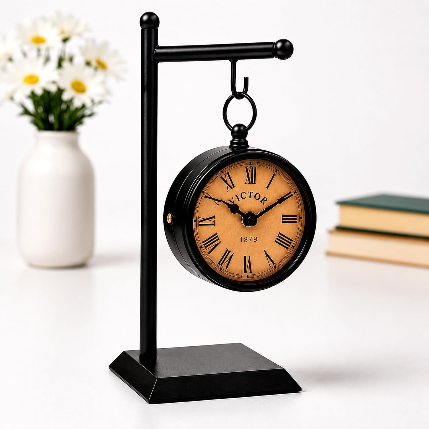 Orangie Decor Table Clock Vintage London Station Clock - 14'' Antique Metal with Stand | Black Vintage Desk Decor | Best for Giftings,Office, Home, Room| No Second's Needle| Batteries Included-image-11