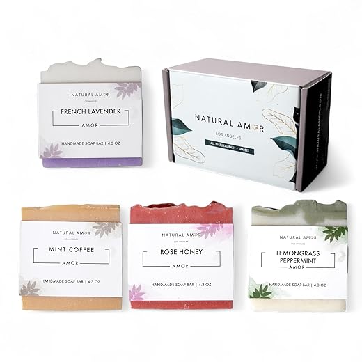 Natural Amor Conjunto de Sabonetes Orgânicos Artesanais (pacote com 4), Feito com Ingredientes Naturais, Sabonete Frio, Conjunto de Presente de Sabão para Mulheres