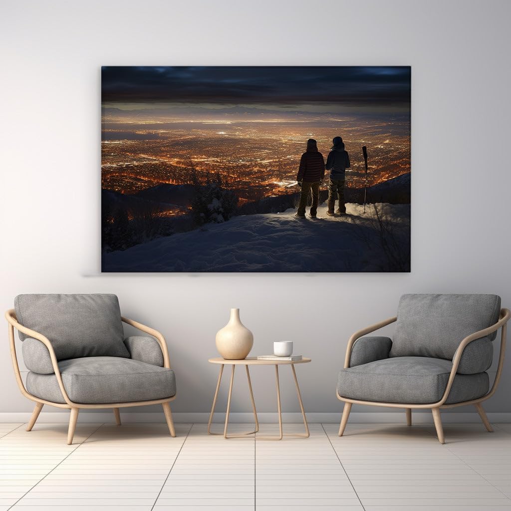 Canvas for Living room. Whispers of Winter's Serenity: A Stunning Contrast Between Snow Peaks and City Lights, 27 x 18 inch Canvas Wall Art - Contemporary Masterpieces - Modern Home Decor