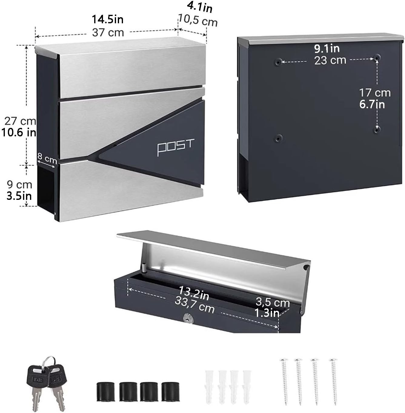 Wall Mounted Mailbox, Mailbox Wall Mount, Wall Mount Mail Box, Mailboxes for Outside Wall Mount, with Keys, Large Capacity, Suitable for Home and Outdoor Use, Black(Silver black,37*10.5*36cm/14.5*4.1*