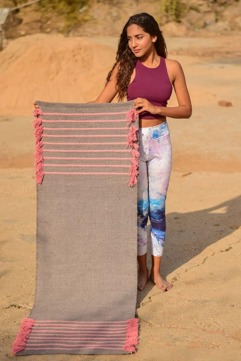 Export Profile 100% Organic Anti Skid Cotton Yoga Mat - Eco-Friendly Hand-Woven Rug - Non-Slip & Thick for Everyday Fitness at Home - Comfortable Extra-Long - Multi 11 (24”x72”x15mm)