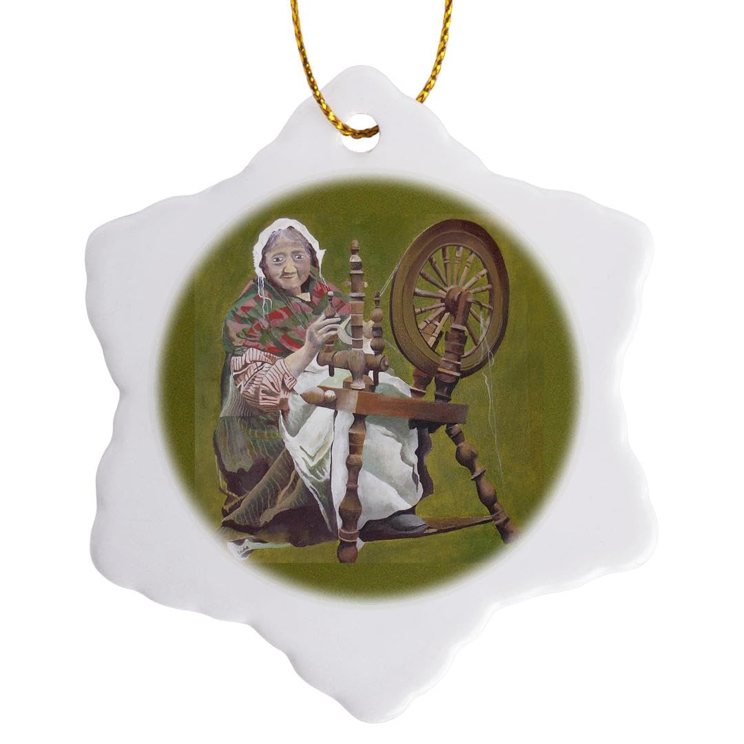 3 inch Snowflake Porcelain Ornament - Spinning a Yarn - Spinning Wheel, Crafts, Green, Hobby, Ireland, Irish, Nostalgic Acrylic Painting - Spinning Wheel