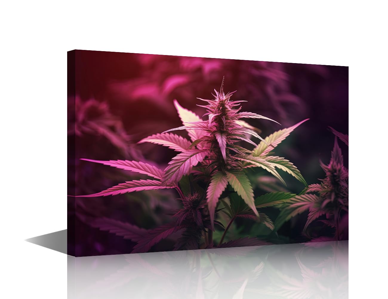 ‌Canvas Wall Art Psychedelic Cannabis Plant Neon Glow Close Up Framed Print Trippy Botanical Artwork With Dreamy Pink Hues For Music Festival Decor Ready to Hang 18x12 in