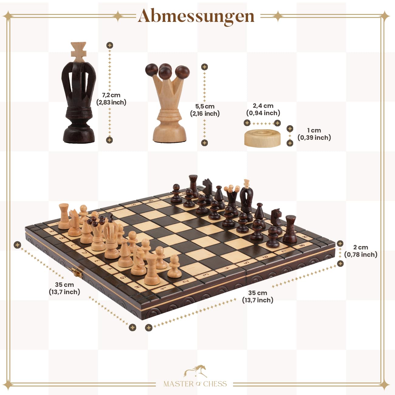 Great Kingdom Schach Spiel und Dame Spiel | Master of Chess Farbe Brune | Chess Set 35cm | Qualität Reise Schachspiel- Handgemachtes Tragbares Schach für Kinder und Erwachsene