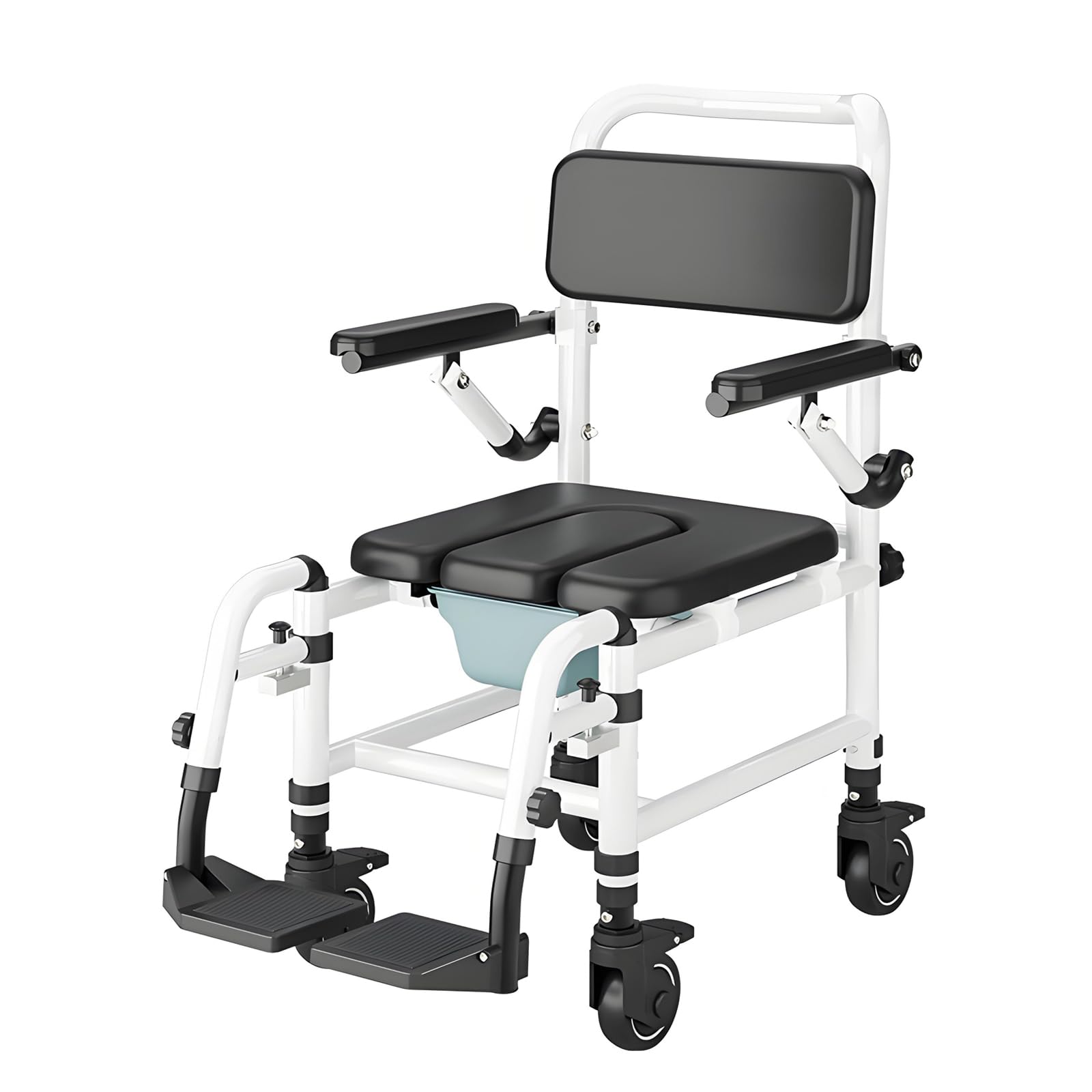 NJUN Sedia da Doccia con Ruote, Sedia Comoda e Doccia Mobile per Anziani e Disabili, Sedia da Bagno Altezza Regolabile in Alluminio con Braccioli Ribaltabili, Poggiapiedi Staccabili e Seduta Imbottita