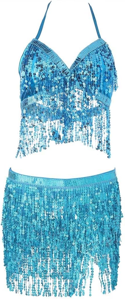Zoestar Sequin Belly Dance Outfits Sparkly Rave Costume Skirts Tassel Sequin Bra Top Skirt for Women