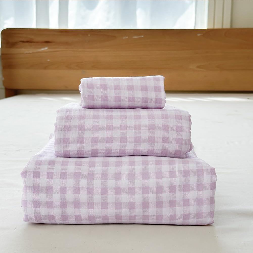 NSNLGSGC Purple Gingham Full Sheet Set, Soft Brushed Microfiber Plaid Full Bed Sheets, 4-Pieces Grid Sheet Set with Deep Pocket