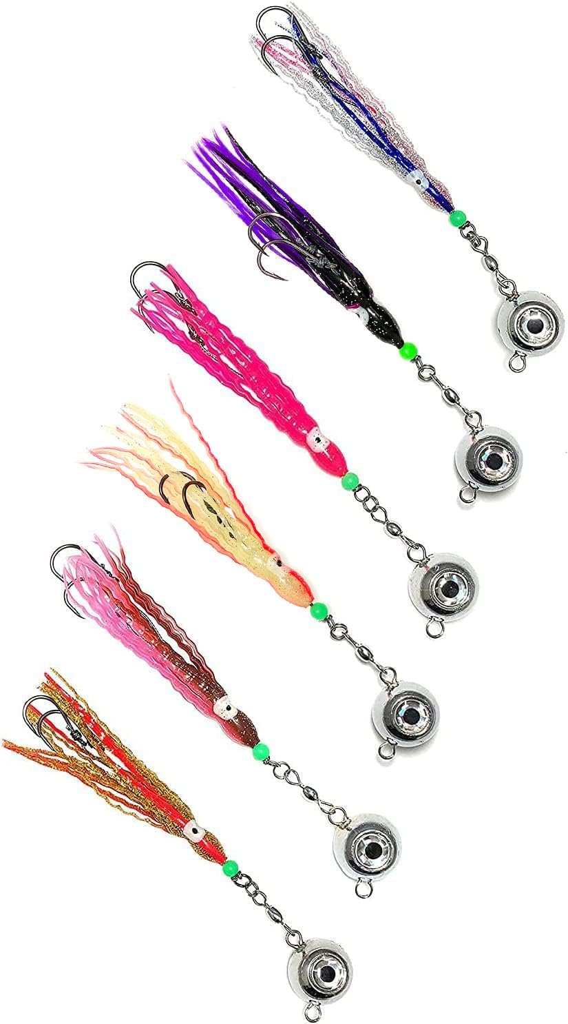 Fluke Ball Jigs 6oz, 6 Sets with Hoochie Stinger Rigs, for Saltwater Bottom Fishing, Ideal for Fluke, Halibut, Sea Bass & Inshore Game Fish