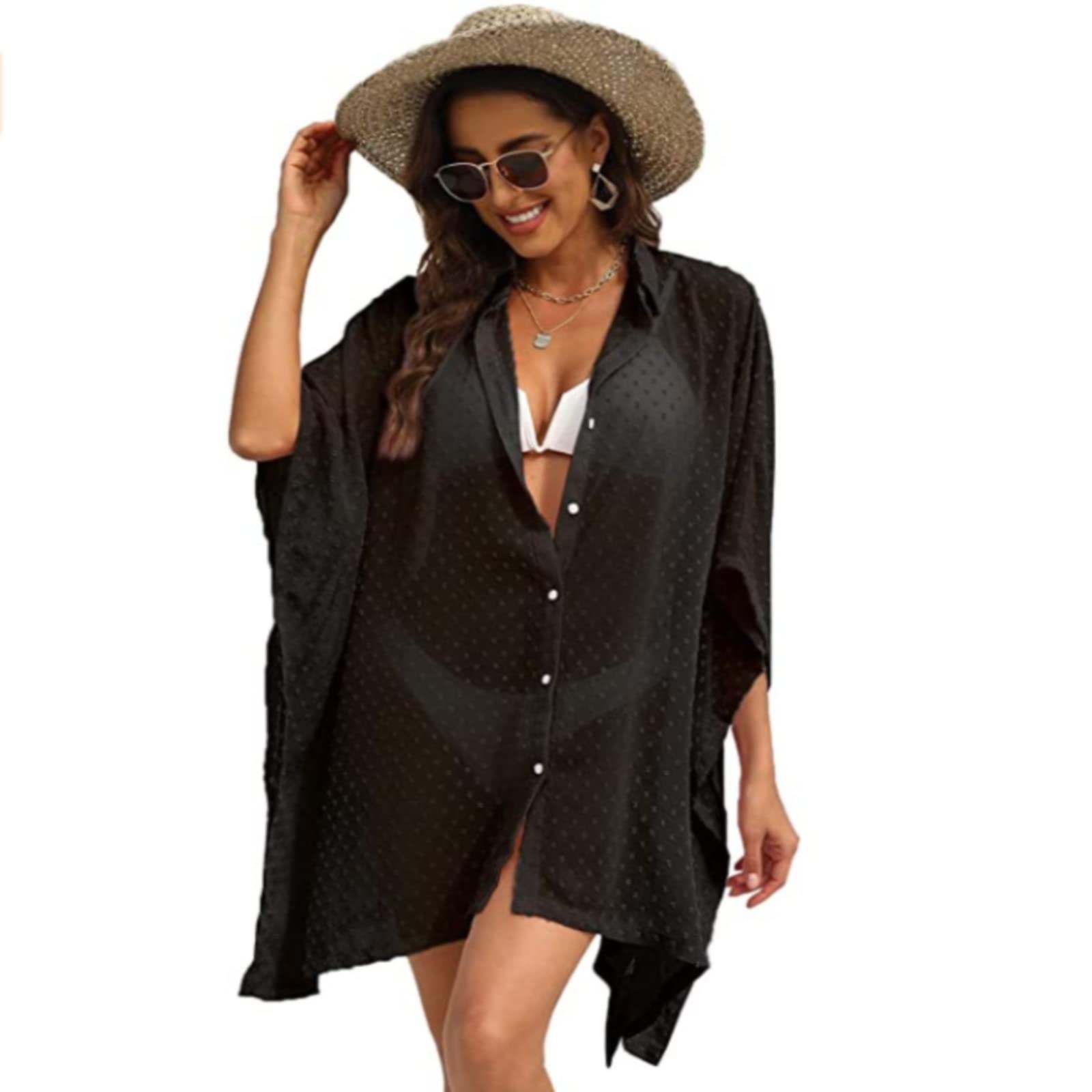 Strandkleid Swimsuit Cover Up for Women Plus Size Bathing Suit Cover Up Button Up Shirts Dots Splicing Casual Beach Cover Ups Strandkleider(Blue,L)