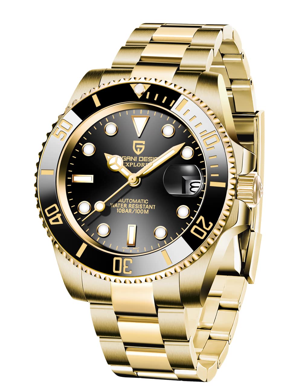 PAGRNE DESIGNHerren armbanduhren Pagani Design Herrenuhren Automatik Mechanisch Analog Datum Edelstahl Golduhr 100M Taucheruhr Keramiklünette Synthetisches Saphirglas