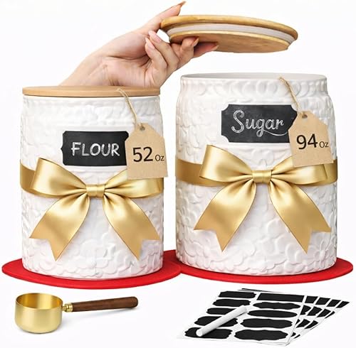 Juego de 2 recipientes de cocina de cerámica (94 onzas y 52 onzas), recipientes decorativos de harina y azúcar con tapas herméticas de bambú, tarros