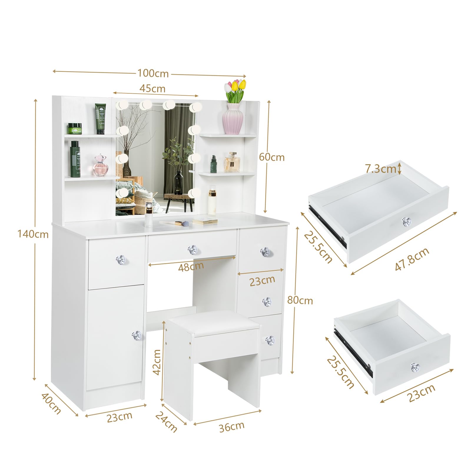ZAZA Home Make-uptafel, moderne kaptafel, 2 grote laden met rails, met