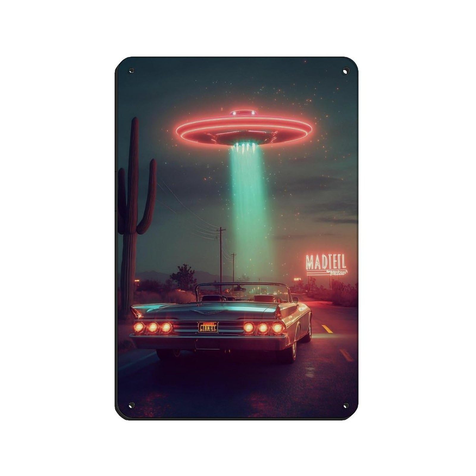 Vintage Car And UFO Neon Night Scene Tin Sign Vintage Metal Pub Club Cafe Bar Home Wall Art Decoration Poster Retro 8x12inch(20x30cm)