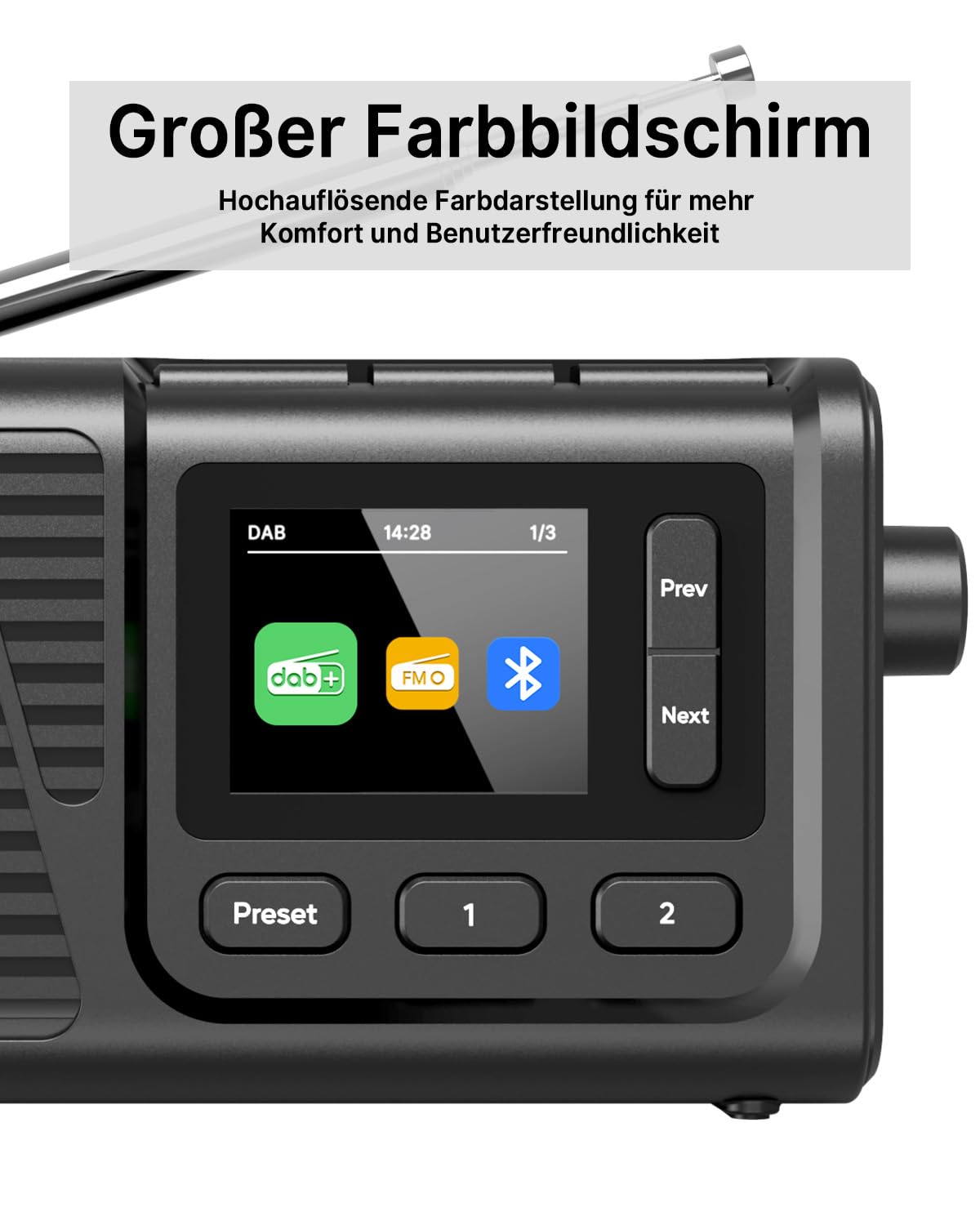 Tragbares DAB+/FM Radio mit Bluetooth, Küchenradio mit Kabel oder 2200mAh Akkubetrieb, UKW Digitalradios mit Kopfhöreranschluss, Dual Wecker, 40 Voreingestellte, Farbdisplay