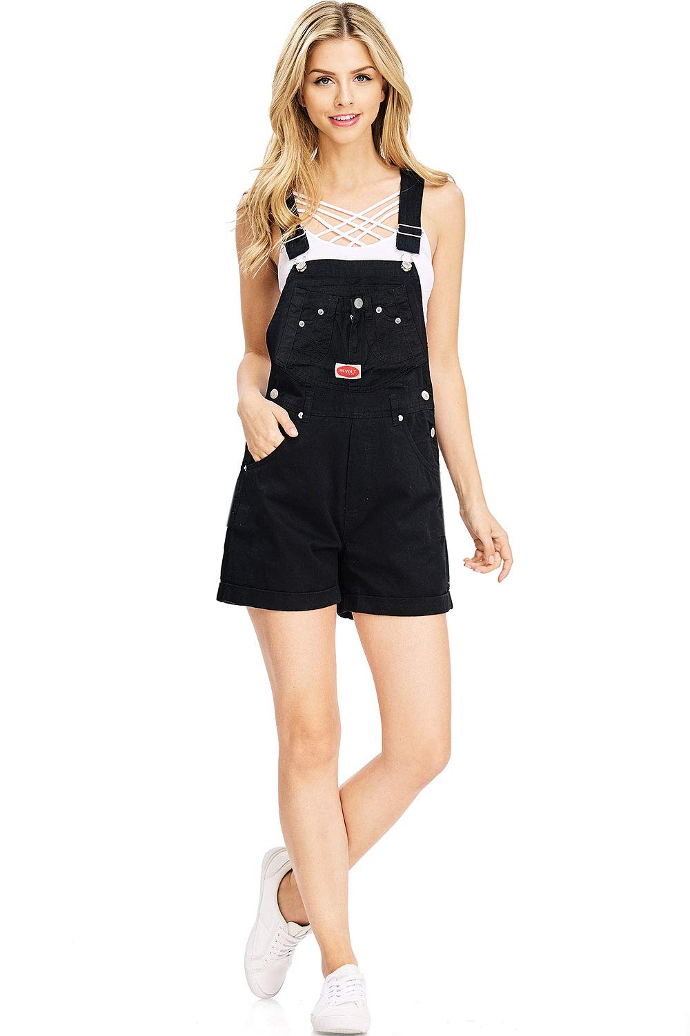 Revolt by Palomares Women's Juniors Vintage Twill Short Overalls (Black Sky, Small)