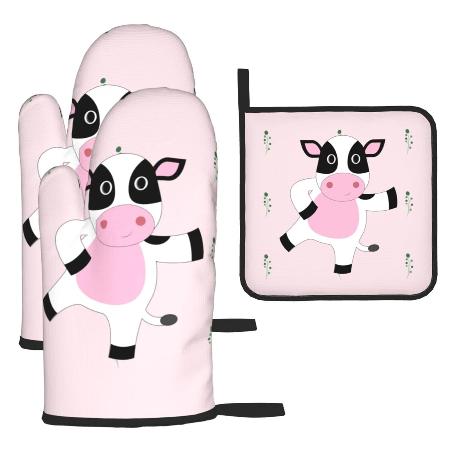 cartoon calf Oven mittens and oven mitts three-piece set suitable for oven, grilling, baking, microwave and home cooking.