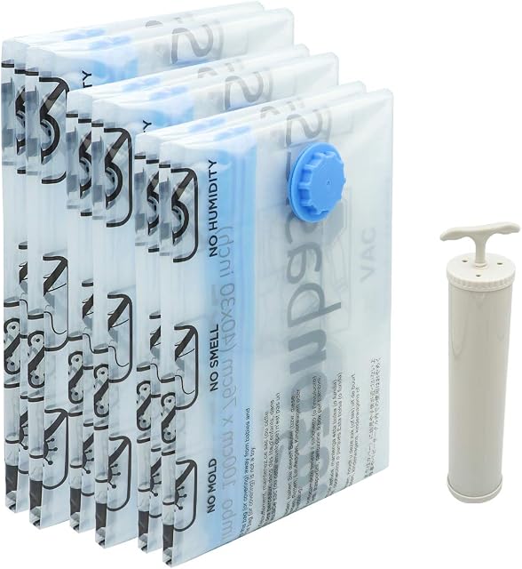 Amazon Basics Vacuum Compression Storage Bags with Hand Pump - 6-Pack (2 Jumbo, 2 Large, 2 Medium)