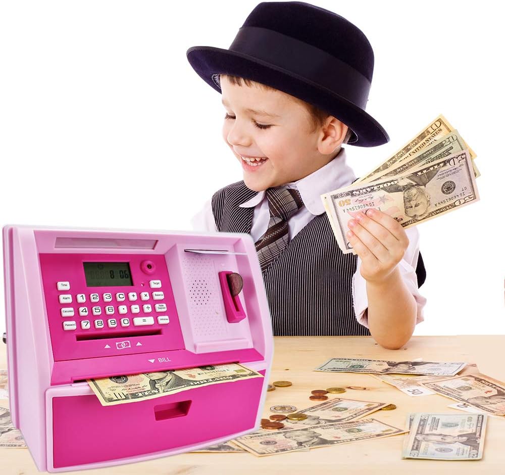 Talking ATM Savings Bank, Digital Piggy Bank, ATM Money Coins Machine for Kids Birthday Gift (Pink/Pink)