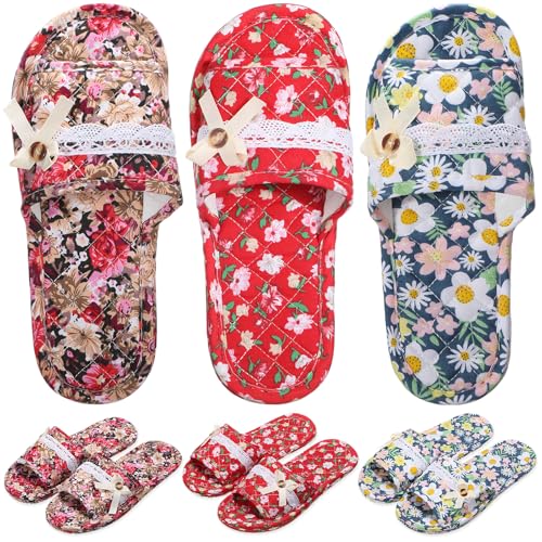 3 Pairs Floral Cotton House Slippers for Guest Women Washable Indoor Cotton Slippers Open Toe for Hotel Travel Airplane Spa