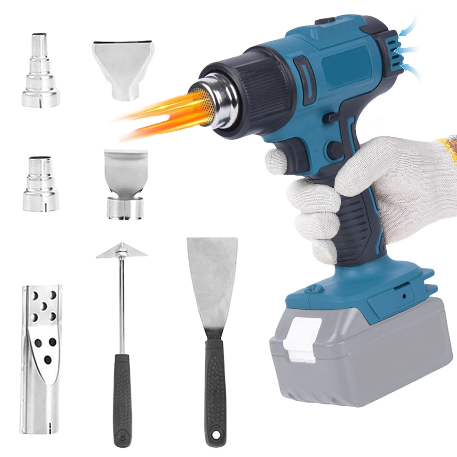 Akku Heißluftpistole Kompatibel mit Makita 18V, 50-550℃, 5 Düsen, LCD-Display, Kabellos Heißluftgebläse