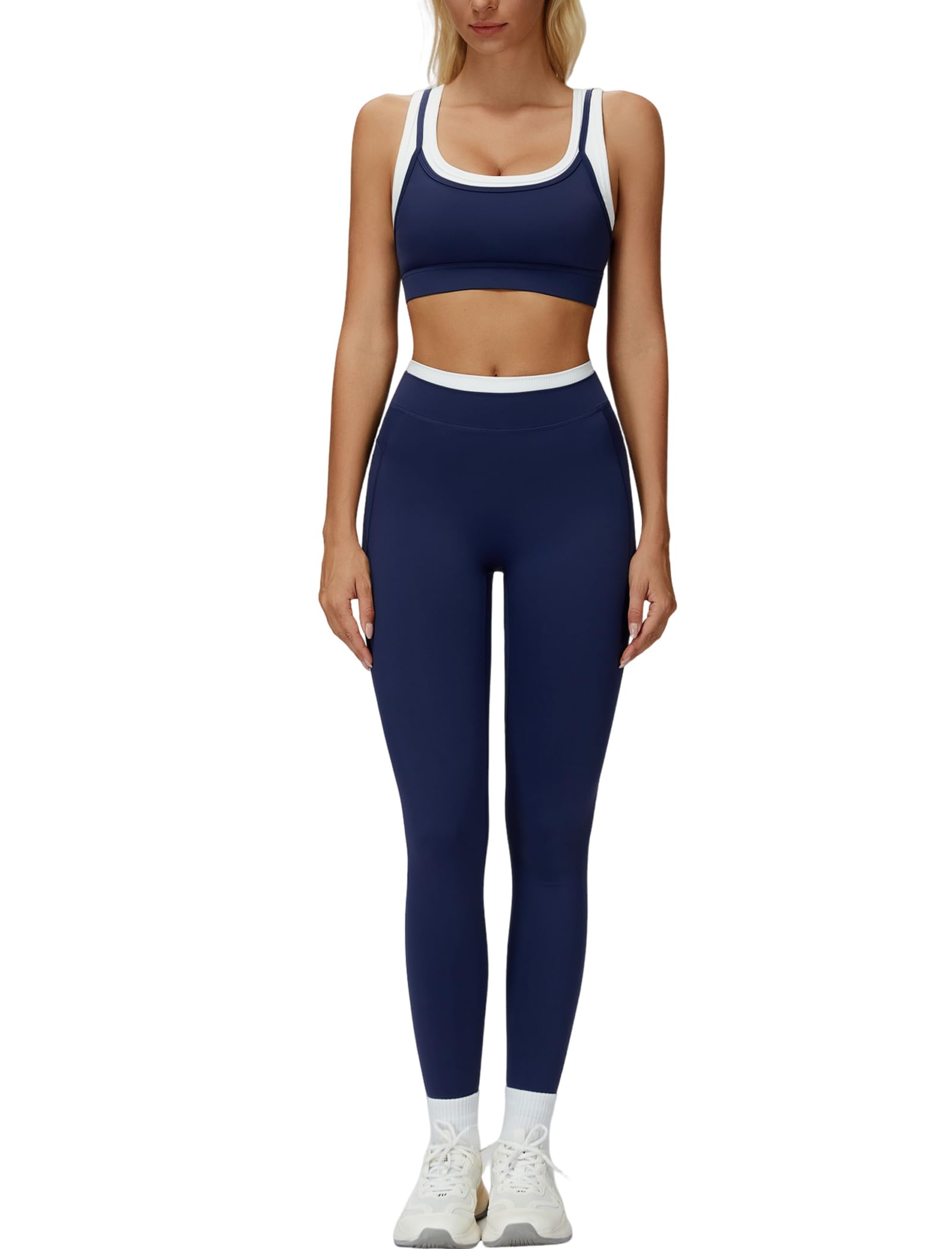 Womens Workout Set Two Piece U Back Color Block Sports Bra Matching High Waist Leggings Gym Pilates Outfits