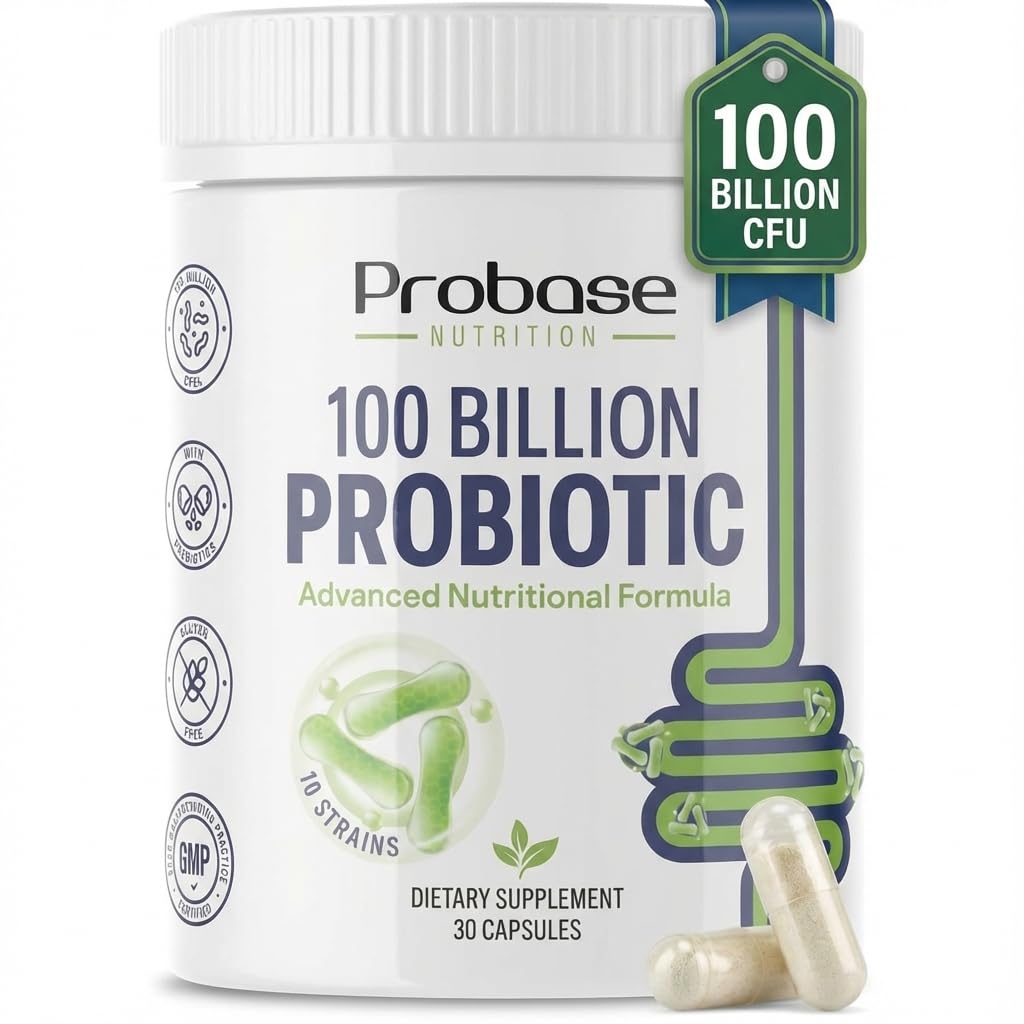 Probase Nutrition Probiotic, 100 Billion CFU, 10 Strains with Prebiotics, 30 Veggie Capsules, Gluten Free for Men and Women, 30-Day Supply