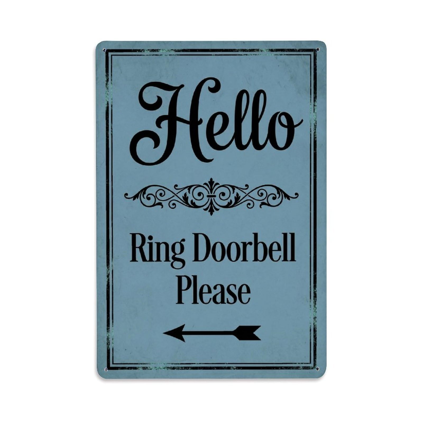 Vintage Hello Ring Doorbell Please Arrow Ornate Metal Tin Sign