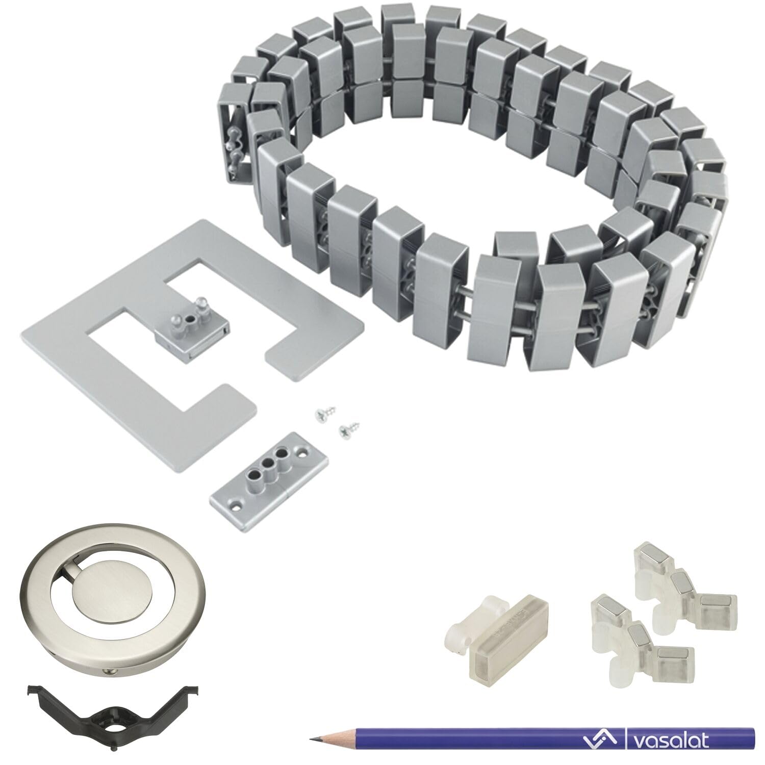 vasalat Set completo di passacavi da scrivania, con passacavi, diametro 90 mm, canalina magnetica per cavi, clip di fissaggio e magneti, lunghezza 1250 mm, colore alluminio