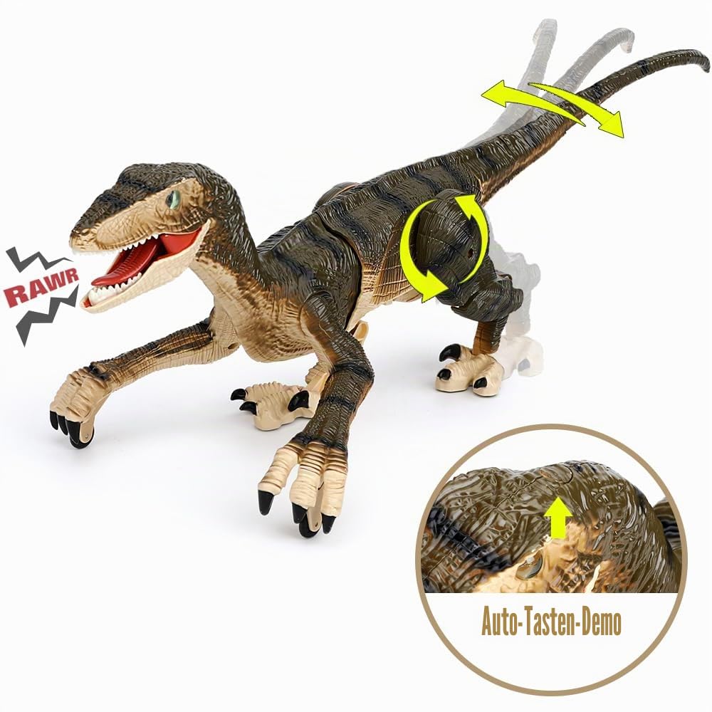 FRUSE Ferngesteuerter Dinosaurier Spielzeug, 2.4 GHz Realistische Velociraptor Roboter mit Gehen, Brüllen und LED-Licht,Dino Spielzeug für Jungen 3, 4, 5, 6,7,8,9 Jahre alte Kinder