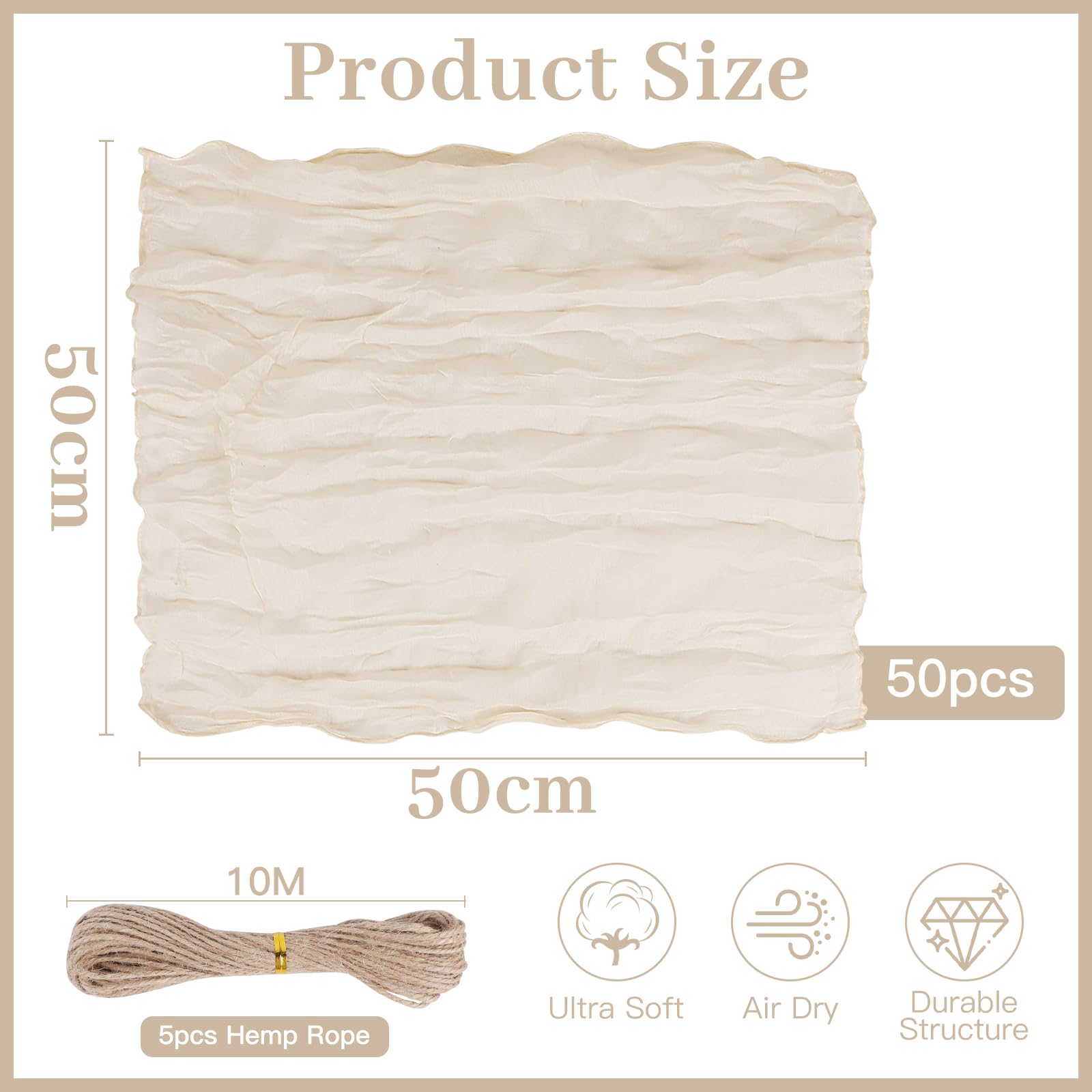 LALAGO 50pz 50cm Tovagliolo di Garza Beige, Tovaglioli di Stoffa a Grinze, Vintage Boho Mano Tinta Cotone Piazza Tovaglioli Grinzoso, Rustico Bohemien per Feste, Ricevimenti, Feste di Nozze