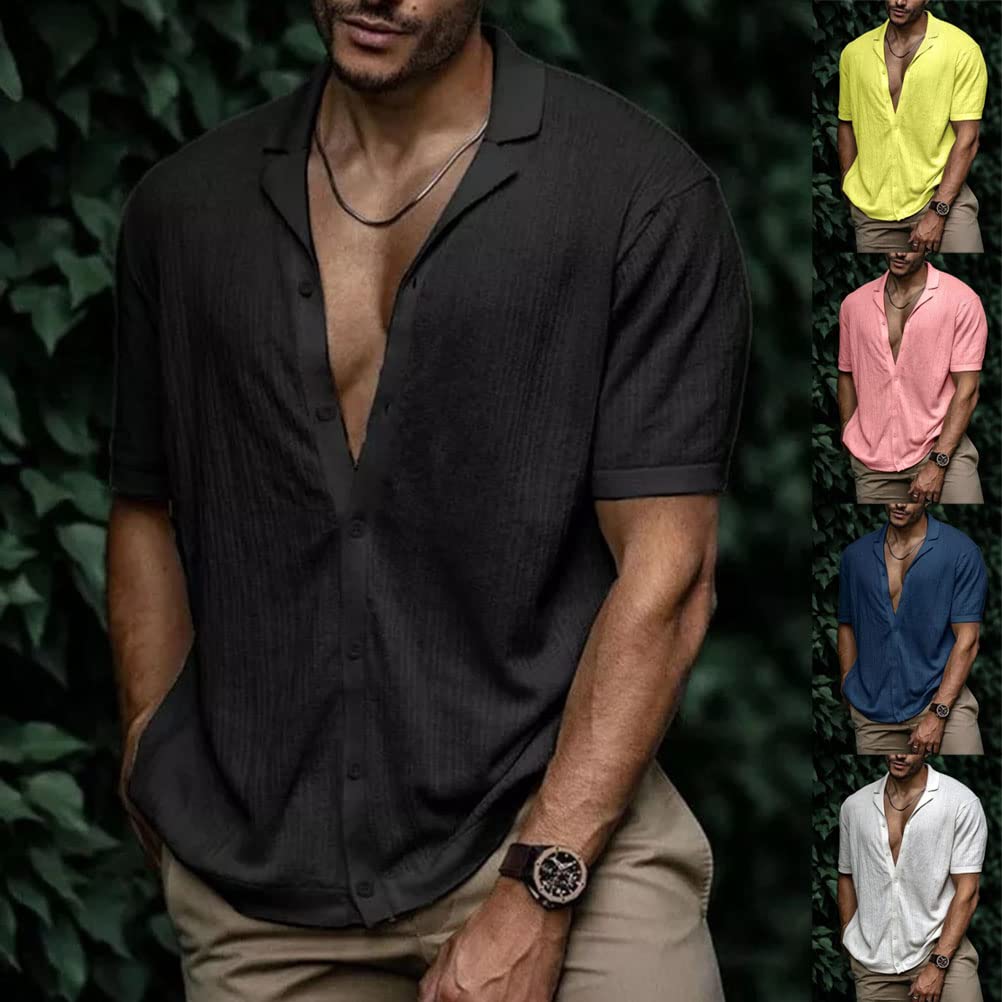 Onsoyours Chemise en Coton d'été pour Homme à col en V Cardigan Décontracté à Manches Courtes en Tricot Haut à Revers de Couleur Unie avec Boutons